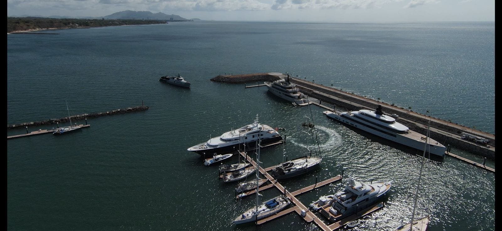 Aerial view of megayachts and sailboats docked at Vista Mar Marina on Panama's Pacific coast
