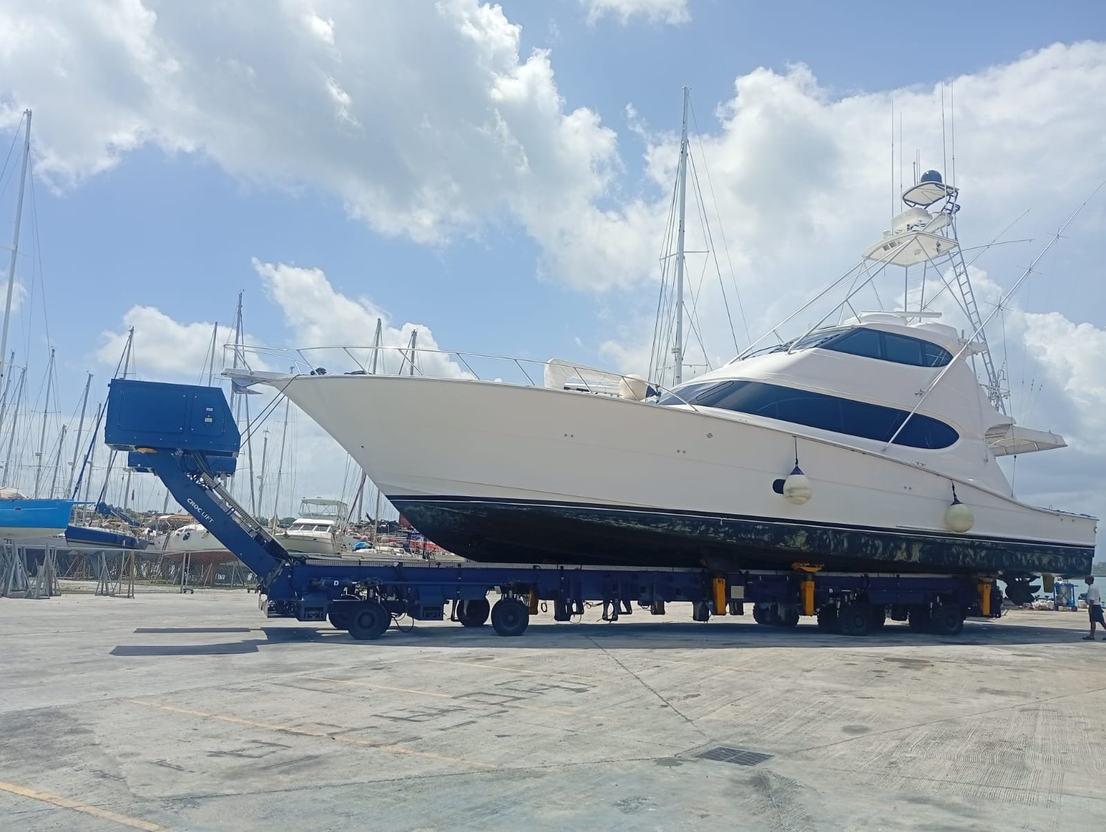 Sportfishing boat hauled out on a marine trailer for hull and bottom maintenance at Vista Mar Marina