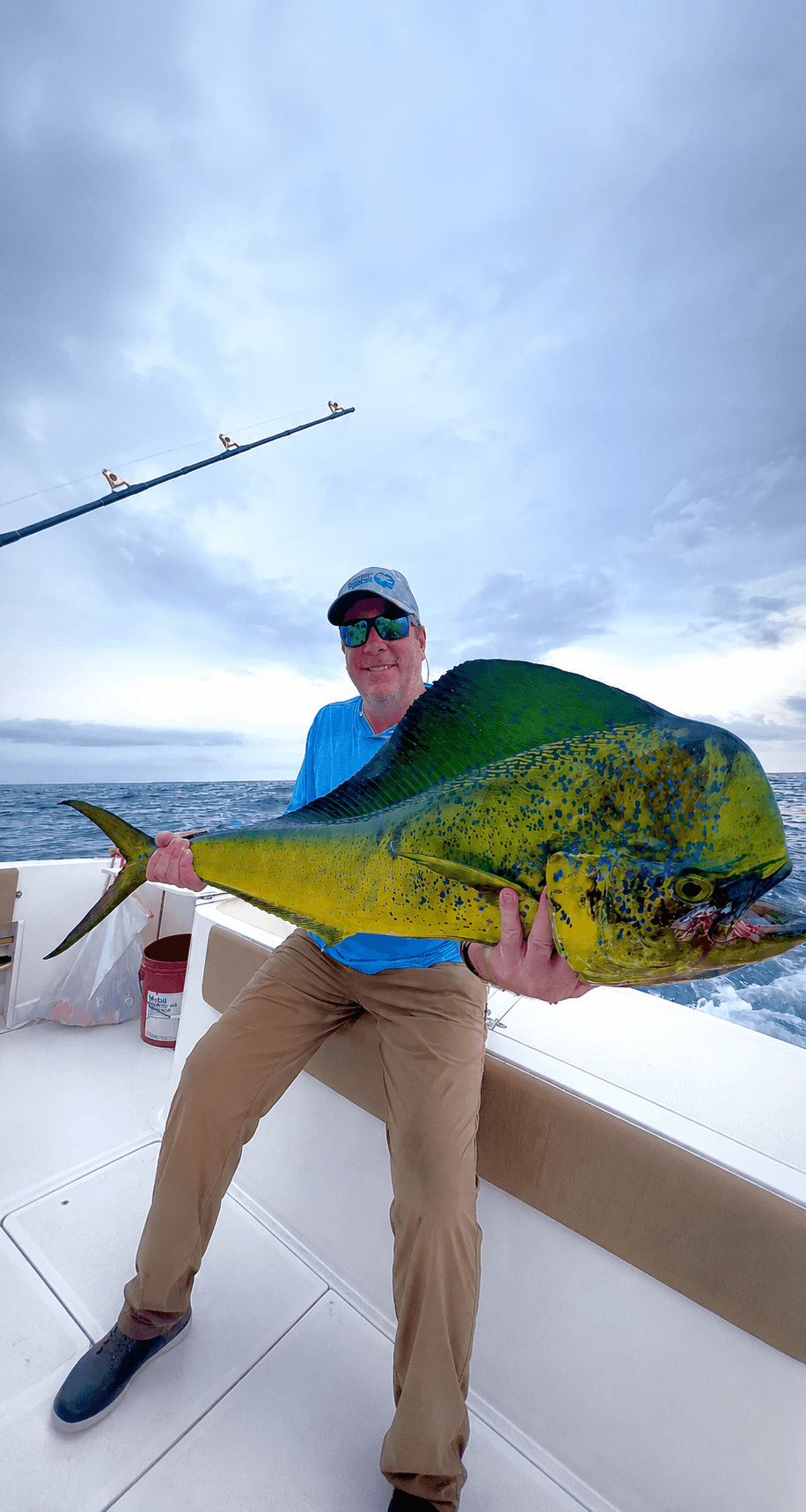 Angler holding a big dorado (mahi-mahi) caught off Panama's Pacific coast, vertical mobile crop